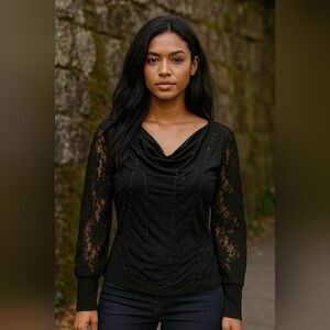 NWT Black Lace Sleeve Sequin Top M Cowl Neck Witchcore Date Night Bling Lightwei